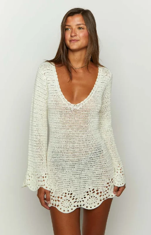 Li White Crochet Long Sleeve Mini Dress