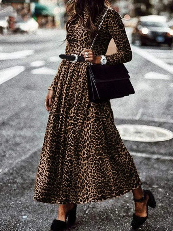 Women's Dresses Retro Leopard Print Round Neck Long Sleeve Dress