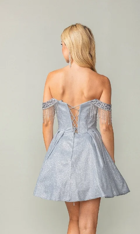 Fringed Off-Shoulder Short Homeoming Dress 3392