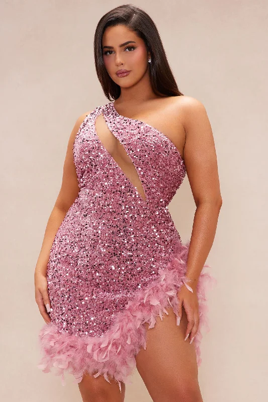 Esme Sequin Feather Mini Dress - Pink