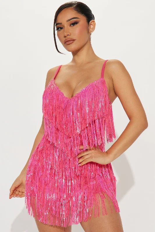 Selena Sequin Fringe Mini Dress - Hot Pink