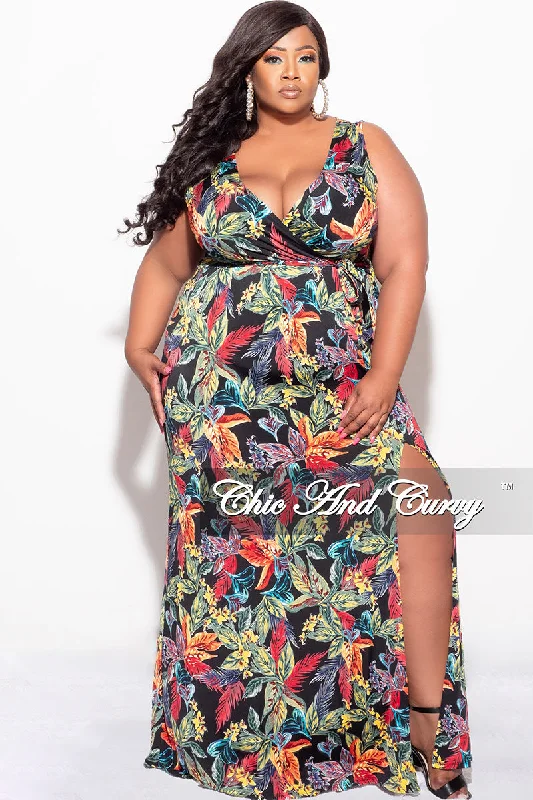 Final Sale Plus Size Faux Wrap Maxi Dress with Side Slit in Black Multi Color Leaf Print