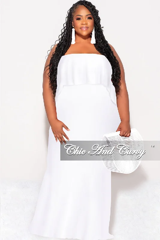 Final Sale Plus Size Off the Shoulder Ruffle Overlay Maxi Gown in White