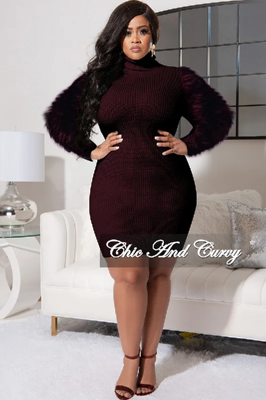 Final Sale Plus Size Turtle Neck Sweater Dress with Faux Fur Sleeves in Brown