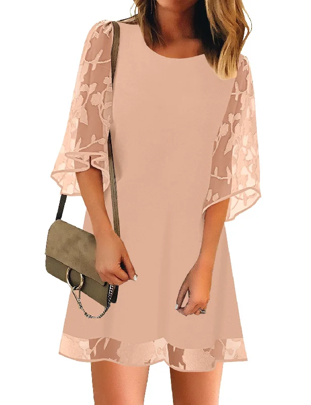 3/4 Sleeve Dress for Women Shift Cute Summer Tunic Floral Lace Dresses