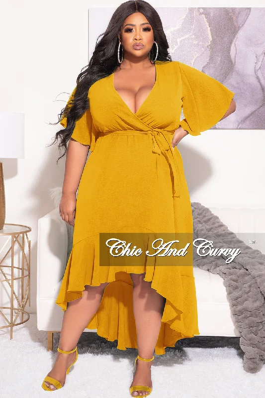 Final Sale Plus Size Faux Wrap High-Low Dress with Waist Tie in Mustard