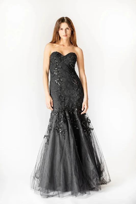 Strapless Tulle Mermaid Gown - Black