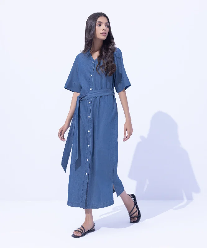 Denim-Effect Short Sleeved Dress