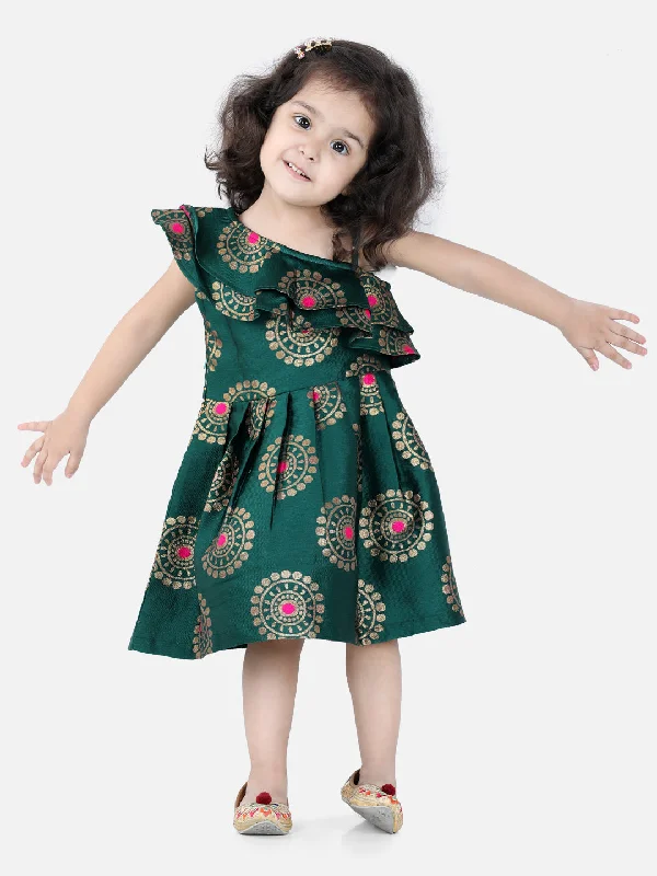 One Shoulder Frill Jacquard Frock Party Dress For Girls- Green