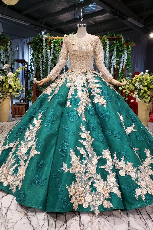 Long Sleeves Ball Gown Wedding Dress Appliqued Beading Quinceanera Dress OKR12