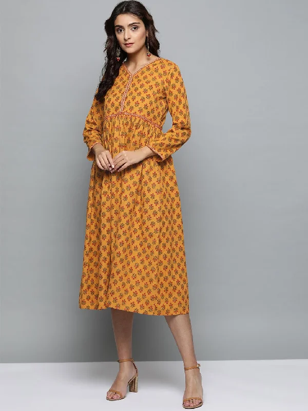 Women's Mustard Yellow Floral Printed V-Neck A-Line Dress - Nayo Clothing