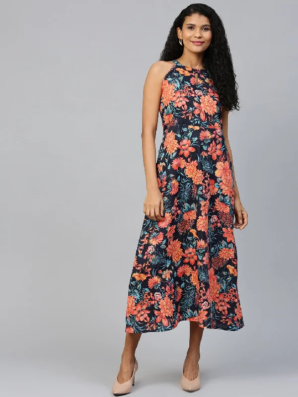 Women's Black Floral Printed Halter Neck Cotton A-Line Dress - Nayo Clothing