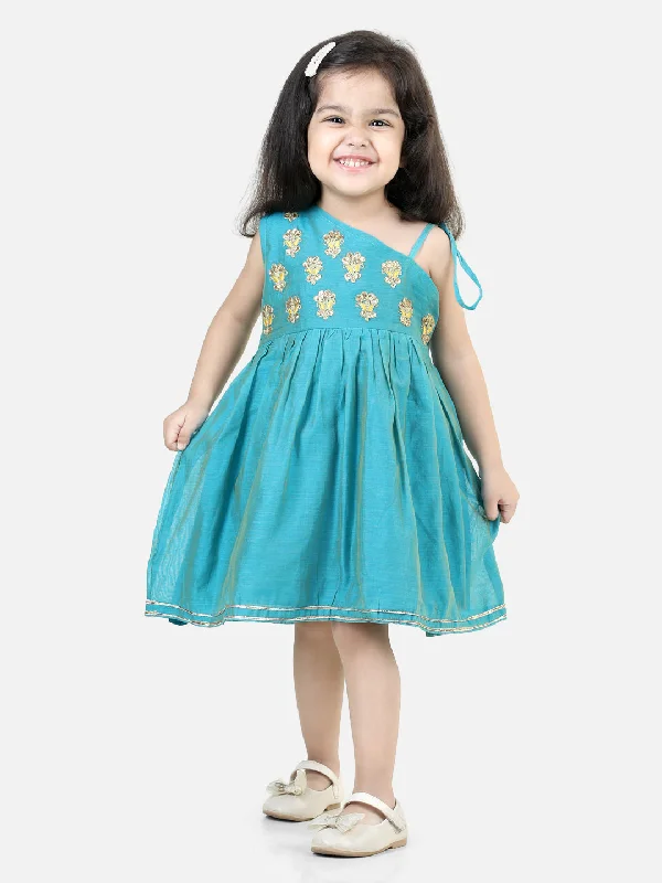 Girl's Chanderi Teal Dresses - Bownbee