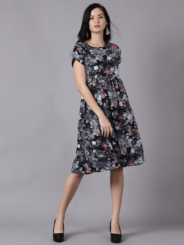 Women's Daima Black Floral Printed Round Neck A-Line Dress - Nayo Clothing