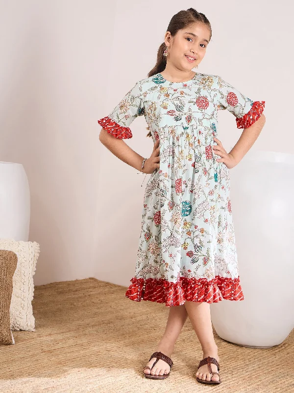 Girls Floral Print Bell Sleeve A-Line Midi Dress - PS Peaches