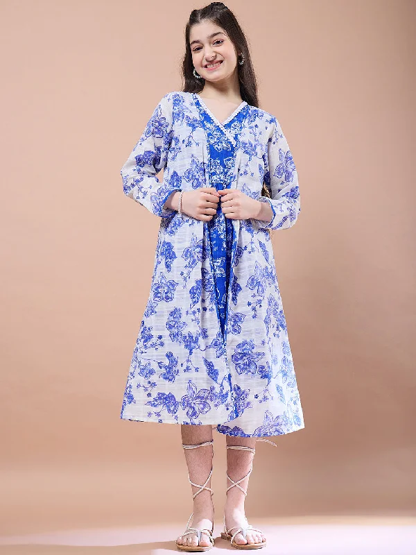 Girls Floral Print V-Neck Long Sleeves A-Line Midi Dress With Shrug - PS Peaches