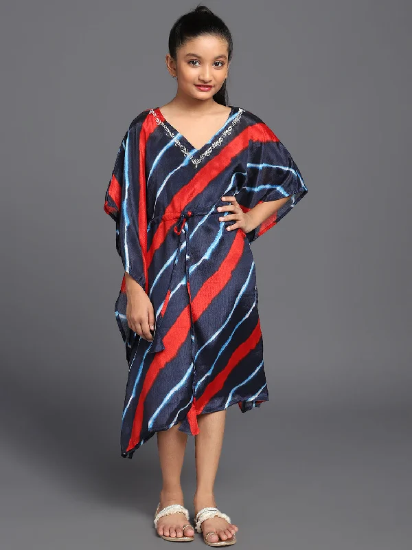 Girl's Navy Blue & Red Leheriya Printed Kaftan Dress With Embroidery Details - Aks Girls