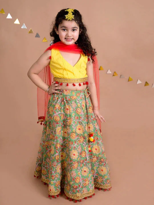 Girls Yellow Green Ready To Wear Cotton Lehenga Blouse With Dupatta - Ps Peaches