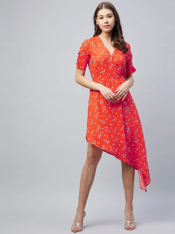 Women's Orange Floral Print Dress - Stylestone