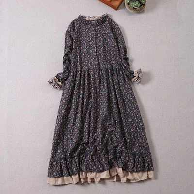 Japanese Mori girl art print dress autumn new floral  dress loose long-sleeved  dress