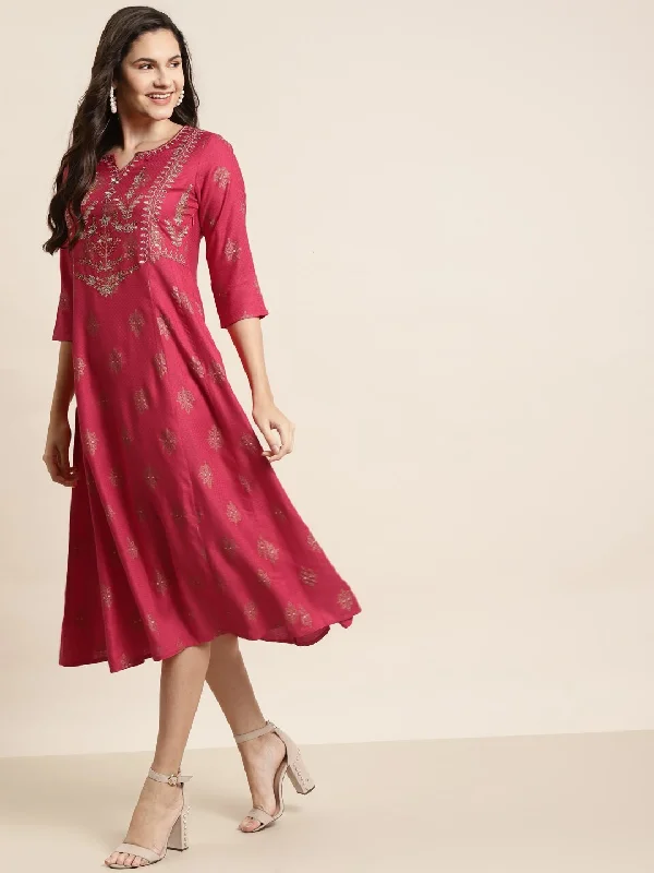 Women's Fuschia Rayon Embroidery A-Line Dress -Juniper