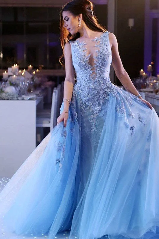 Sky Blue Tulle Sleeveless Scoop Appliques Long Prom Dress OK1304