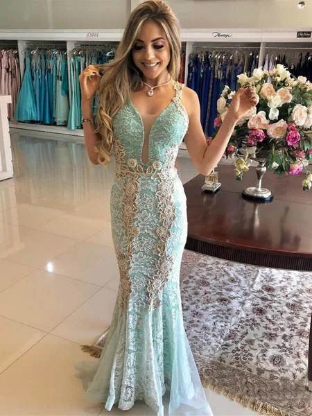 Vintage Mint Lace Mermaid Prom Dress V Neck Elegant Formal Party Dress OKI26