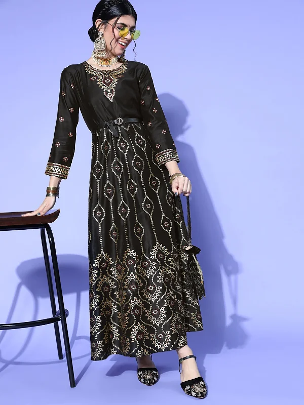 Women's Black Foil Printed A-Line Dress - Indo Era