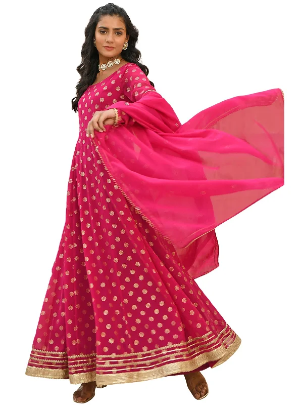 Women's Bright Pink Georgette Foil Print Kurta With Dupatta - Janasya